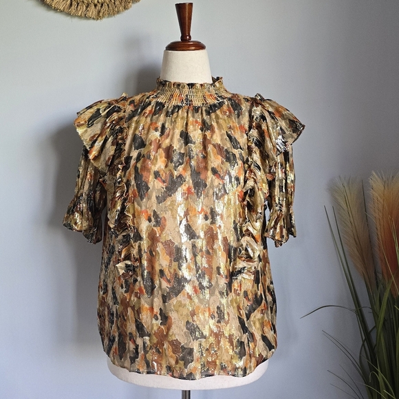 BA&SH New Gilda Silk Metallic Ochre Ruffle Abstract Lady Blouse Top SZ Small - Picture 14 of 16